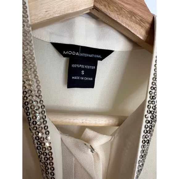 MODA INTERNATIONAL GORGEOUS SEQUINS TIE NECK WORK PARTY IVORY CHIFFON TOP SMALL - Picture 4 of 8